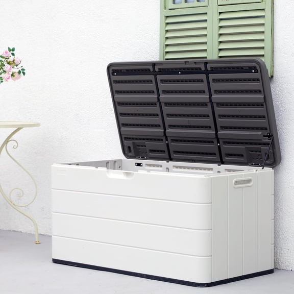 110 Gallon Deck Box Waterproof, Double - Wall Resin Outdoor Storage Boxes, Deck Storage for boat slip storage, Cushions, Pool Float, Garden Tools, Patio Furniture, Lockable (OFF - WHITE)