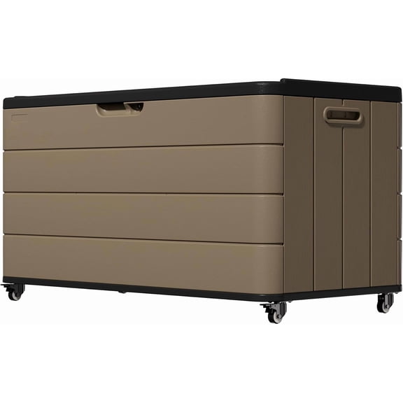 110 Gallon Deck Box Waterproof with Wheels - Mobile Double-Wall Resin Outdoor Storage Box for Patio, Pool, & Garden - Lockable Deck Storage for Cushions, Pool Floats, Boat Slip (Brown)
