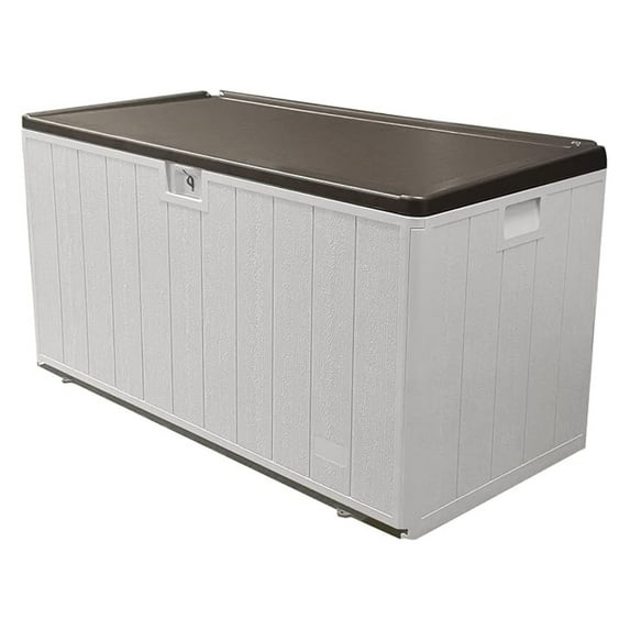 110 Gallon Pro Outdoor Storage Box, Waterproof Resin for Patio, Pool, and Garden, Lockable Bin for Cushions, Tools, and Accessories, UV-Resistant, Grayish Brown