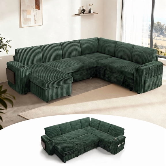 110" Green Corduroy Modular 7-seater L-shaped Sectional Sleeper Sofa Bed with Pull Out Bed,USB Ports,Cup Holders,Side Pockets,Armrest Storage