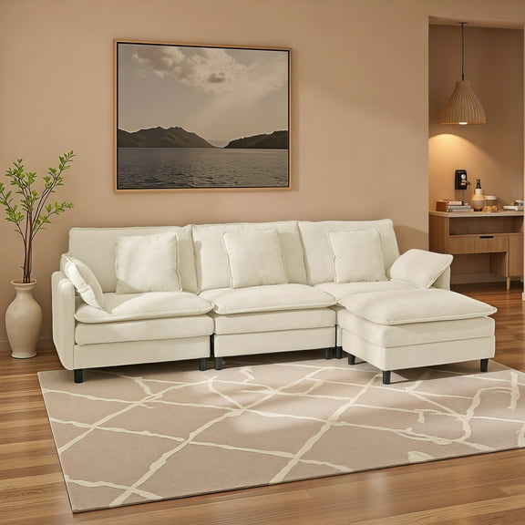 110" Home Modern Modular Sectional Sofa with Movable Ottomans, 3-Seat Chenille Cloud Couch L-Shaped Cloud Sofa Couch for Office Living Room Furniture, Beige