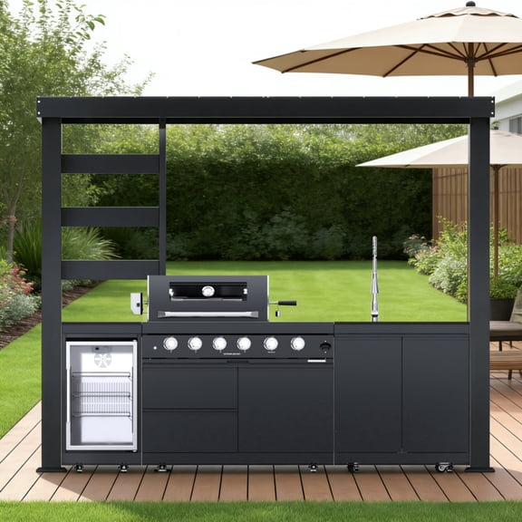 110-Inch 4-Burner 72000 BTU Deluxe Stainless Steel Gas Outdoor Kitchen Bar Barbecue Island Grill  + Wine Cooler Compact Refrigerator + Rotisserie + Granite Countertops + Storage Cabinets & Drawers