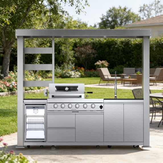 110-Inch 4-Burner 72000 BTU Deluxe Stainless Steel Gas Outdoor Kitchen Bar Barbecue Island Grill + Wine Cooler Compact Refrigerator + Rotisserie + Granite Countertops + Storage Cabinets & Drawers