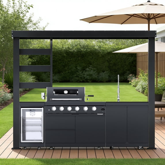 110-Inch 4-Burner 72000 BTU Deluxe Stainless Steel Propane Gas Outdoor Kitchen Bar Barbecue Island Grill Wine Cooler Compact+Refrigerator+Rotisserie+Granite Countertops+Storage Cabinets & Drawers