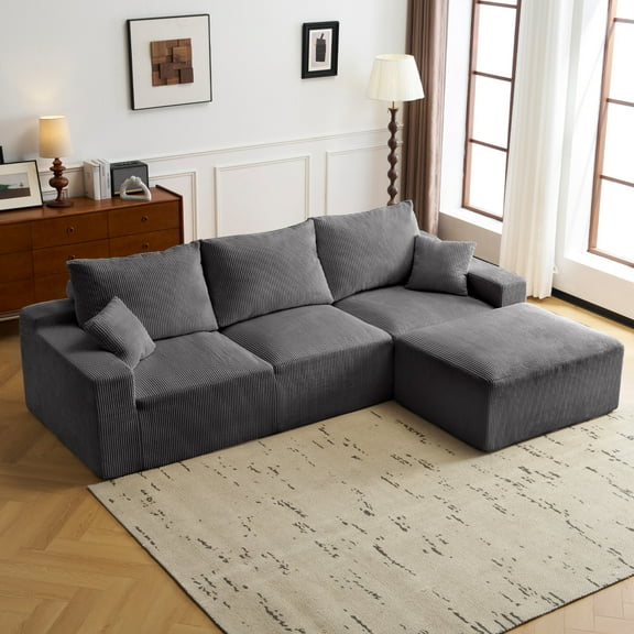 110-Inch L-Shaped Sectional Sofa with Footrest, 3-Seater Cloud Couch, Ultra-Soft Corduroy Fabric, Deep Seat Comfort, No Assembly Required, Modern Living Room Sofa in Grey