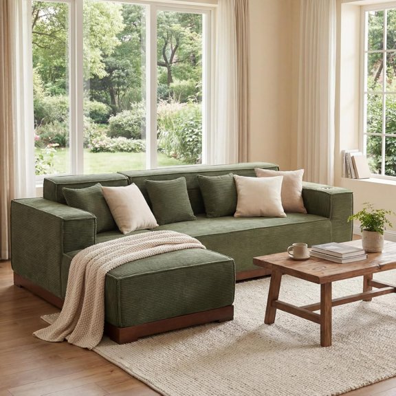 110 Inch L-Shaped Sofa with LED Lights, Cloud Boneless Couch with Oversized Chaise, Deep , Built-in Holder & Storage Pocket, Upholstered Couches for Living Room and Apartment, Green