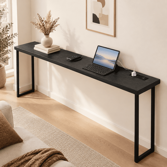 Divan Table 110 Inch Narrow Sofa Table With Power Outlets Extra Long Console Behind ...