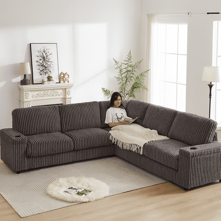 110-Inch Oversized Corduroy Corner Sofa,L Shaped Corner Couch with two storage spaces,USB port & Type-C port and Cup-holder , Deep Seat Comfy Upholstered Couches for Living Room(Not freely
