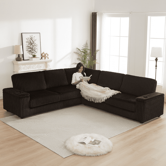 110-Inch Oversized Corduroy Corner Sofa,L Shaped Corner Couch with two storage spaces,USB port & Type-C port and Cup-holder , Deep Seat Comfy Upholstered Couches for Living Room