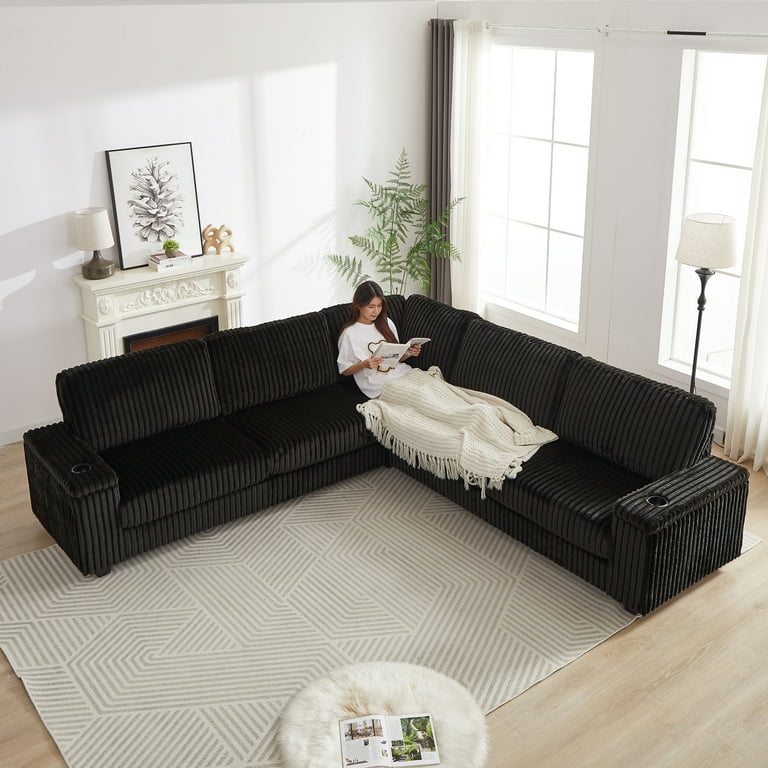 110 Inch Oversized Corduroy L Shaped Sofa with Storage USB Charging Ports Cup Holders Comfy Corner Sectional. Black