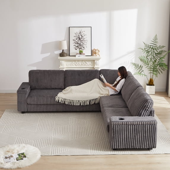110-Inch Oversized Corduroy Corner Sofa,L Shaped Corner Couch with two storage spaces,USB port & T-pyce port and Cup-holder , Deep Seat Comfy Upholstered Couches for Living Room(Not freely combinable)