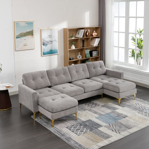 110" L-Shape Convertible Sectional Sofa Couch With Movable Ottoman Storage Pockets Modern Upholstered Sofa For Apartment