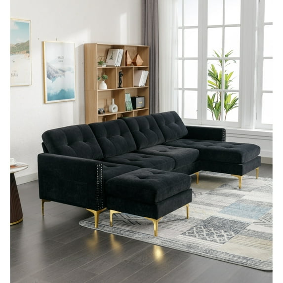 110" L Shape Convertible Sectional Sofa Couch with Movable Ottoman Rivets Decoration