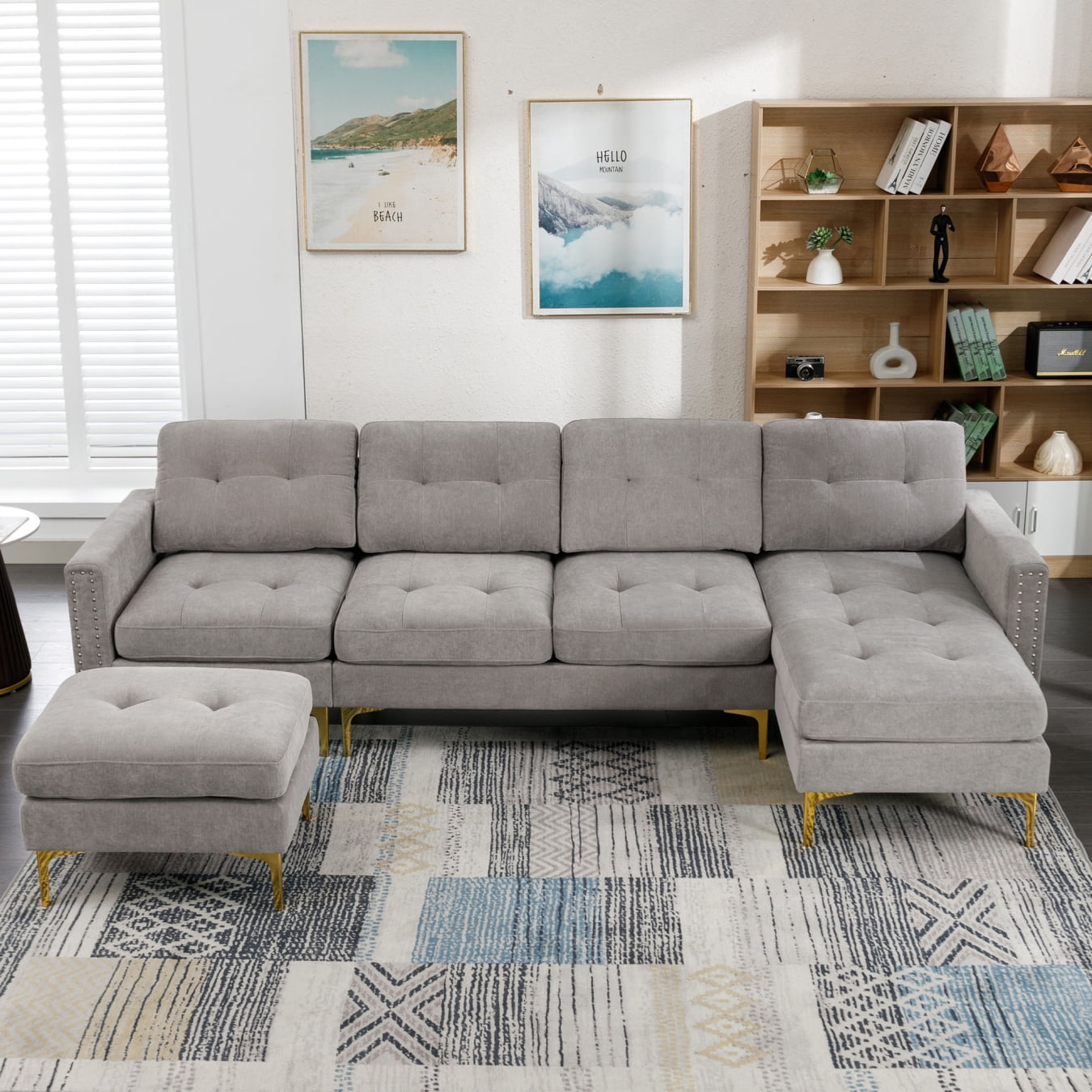 110" LShape Convertible Sectional Sofa with Movable Ottoman, Modular