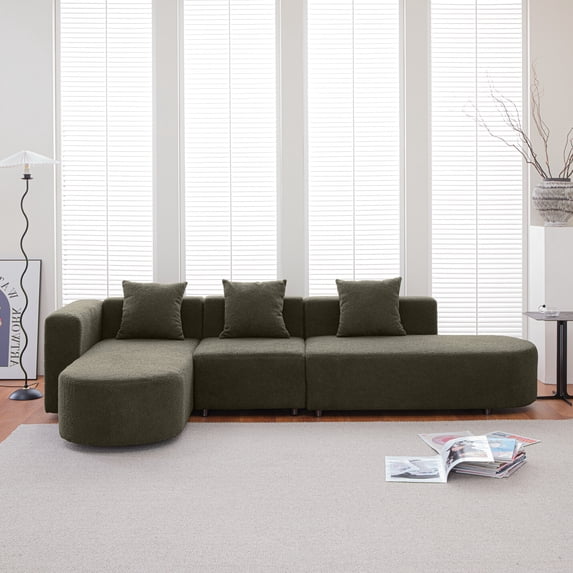 110" L Shape Modern Sectional Sofa, Boucle Fabirc Curved Couch with Left Facing Sectional Chaise Lounge & Thicked Cushions, 3 Seat Corner Sofa Couch for Living Room, Office, Apartment, Green