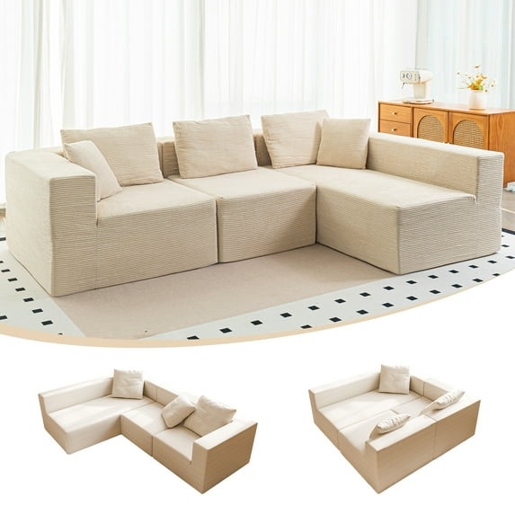 110" L-Shaped Modular Sectional Sofa, Corduroy Upholstered Cloud Couch with Deep Seat & Movable Ottoman, No Assembly, Beige