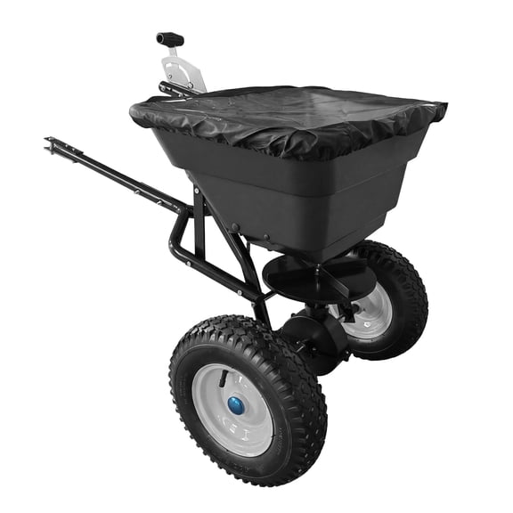 110 LBS Pull Behind Broadcast Spreader, Pull-Behind Fertilizer Spreader with 12-Inch Pneumatic Tires and Hopper Cover, Heavy Duty Seed Spreader for Lawn Tractor and ATV, Black