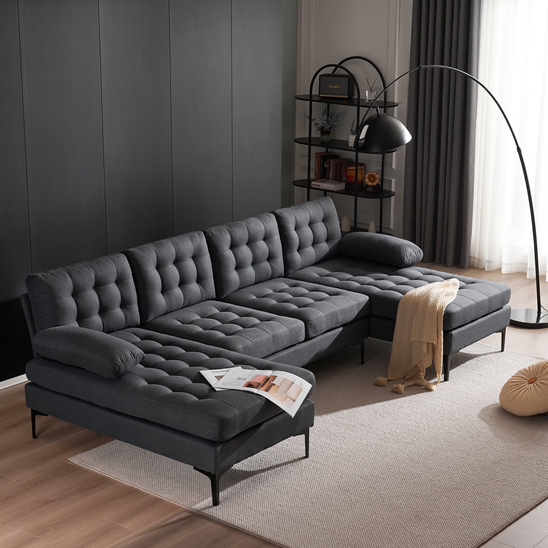 110" Large Modular Sectional Sofa, Modern Luxury U-Shaped Sofa Couch with Black Metal Legs, Indoor Combination Sofa Couches for Living Room, Dark Gray