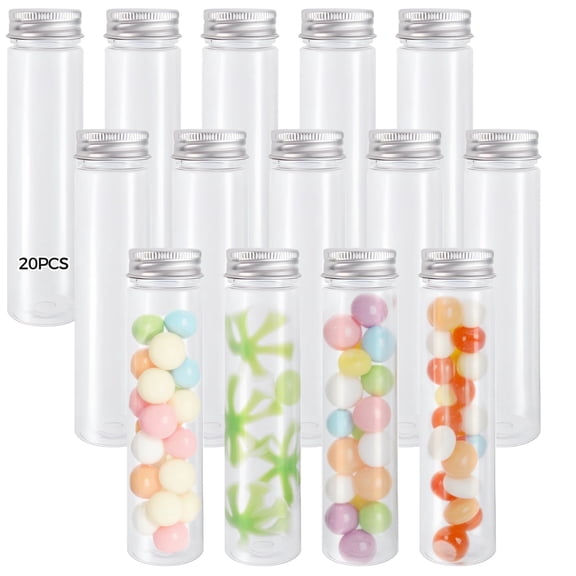 20 Pack 110ml Clear Plastic Candy Tubes with Metal Screw Caps Transparent Flat Bottom Test Tubes, FoodGrade PET, LeakProof, for Candy, Party Favors, Snacks & Small Item Storage