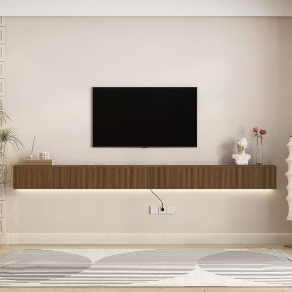 110'' Modern Floating TV Stand with Multi Cabinets, Upgraded Design Wall Mounted Entertainment Center with LED Lights & Built-in Power Outlets, 2 Removal Cabinet Storage