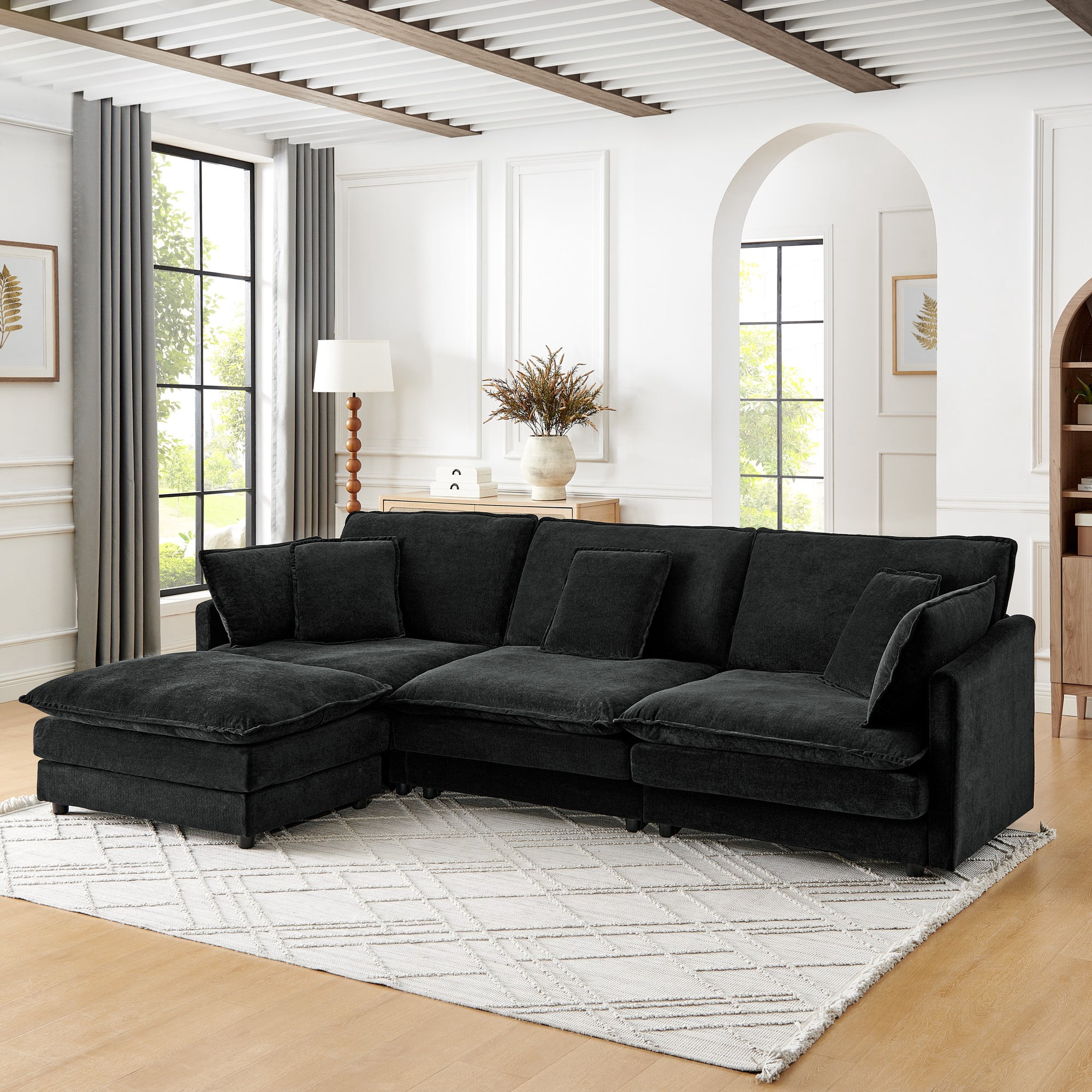 110" Modern L-Shaped Sectional Sofa Couches with Ottoman,Oversized Convertible 4 Seater Couch for Living Room,Black