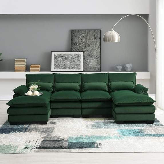 110" Modern Sectional Sofa U Shaped Sofa Couch, Comfy Sleeper Sofa Couch with Chaise Lounge and Waist Pillows, 6-seat Upholstered Symmetrical Sofa Furniture for Living Room Apartment, Velvet, Green