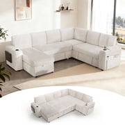 110" Modular 7 Seat L Shaped Couch with comfortable Backrest|USB Ports|Cup Holders|Side Table|Storage Chaise Armrests