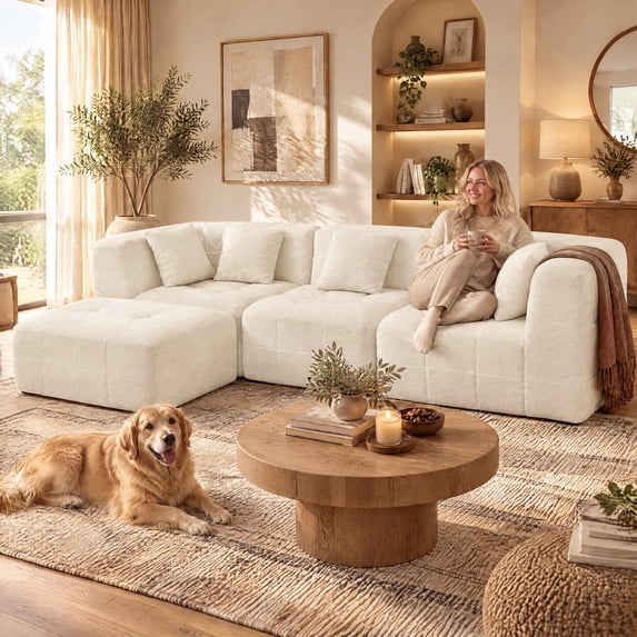 110" Modular L Shaped Sectional Sofa, Upholstered Deep Seat Cloud Couch No Assembly Required with Movable Ottoman & 5 Pillows for Living Room,Bedroom,Office (White)