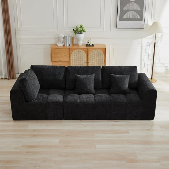 110''Modular Sectional Couches for Living Room, Cloud Boneless Compressed Sectional Sofa, Oversized 3 Seater Upholstered Memory Foam Sofa, No Assembly, Chenille Black
