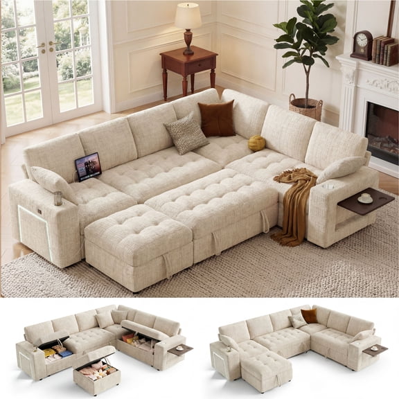 110" Modular Sectional Sleeper Sofa, L-Shaped 7-Seater with Pull-Out Bed, Storage Ottoman, USB & Cup Holders, Side Table, LED Light, Tool-Free Assembly, Beige