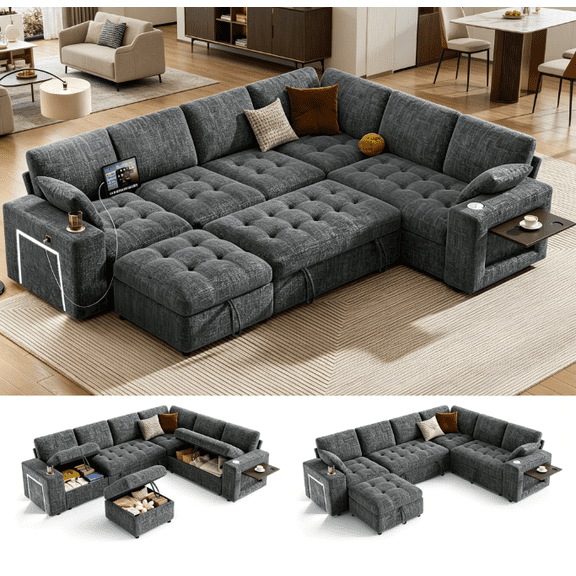 110" Modular Sectional Sleeper Sofa, L-Shaped 7-Seater with Pull-Out Bed, Storage Ottoman, USB & Cup Holders, Side Table, LED Light, Tool-Free Assembly, Gray