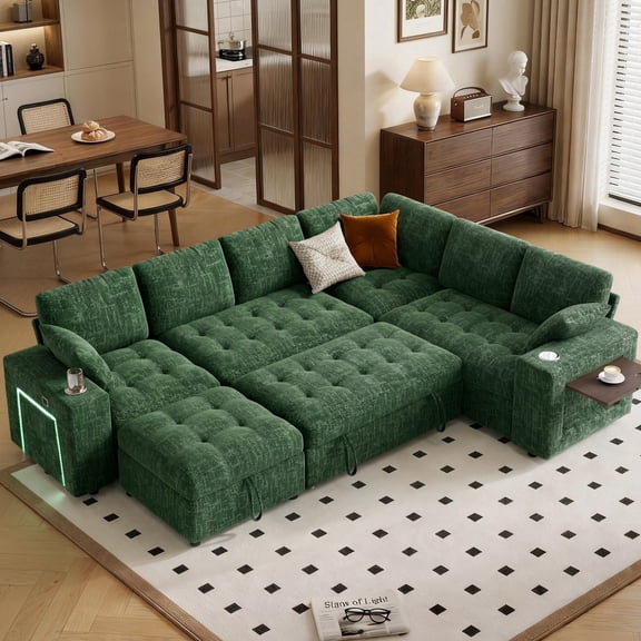 110" Modular Sectional Sleeper Sofa with Pull Out Bed, 5 Seat Chenille L Shaped Couch with USB Ports|Cup Holders|Side Table|Storage Loveseat, Tool Free Assembly, Green