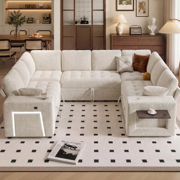 110" Modular Sectional Sleeper Sofa with Pull Out Bed, 5 Seat Chenille L Shaped Couch with USB Ports|Cup Holders|Side Table|Storage Loveseat, Tool Free Assembly,White