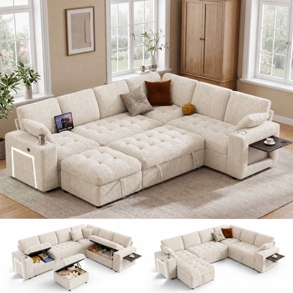 110" Modular Sectional Sleeper Sofa with Pull Out Bed, 7-Seat Chenille L-Shaped Sofa with Storage Ottoman, Convertible Sofa Bed with USB Ports, Cup Holders, Side Table & LED Light, Tool-Free Assembly