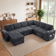 110" Modular Sectional Sleeper Sofa with Pull Out Bed, 7 Seat Plush L Shaped Couch with Storage Chaise|USB Ports|Cup Holders|Side Table|Storage Armrests, Tool Free Assembly, Corduroy Fabric Dark Gray