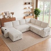 110" Modular Sectional Sleeper Sofa with Pull Out Bed, 7 Seat Plush L Shaped Couch with Storage Chaise|USB Ports|Cup Holders|Side Table|Storage Armrests, Tool Free Assembly, Chenille Fabric White