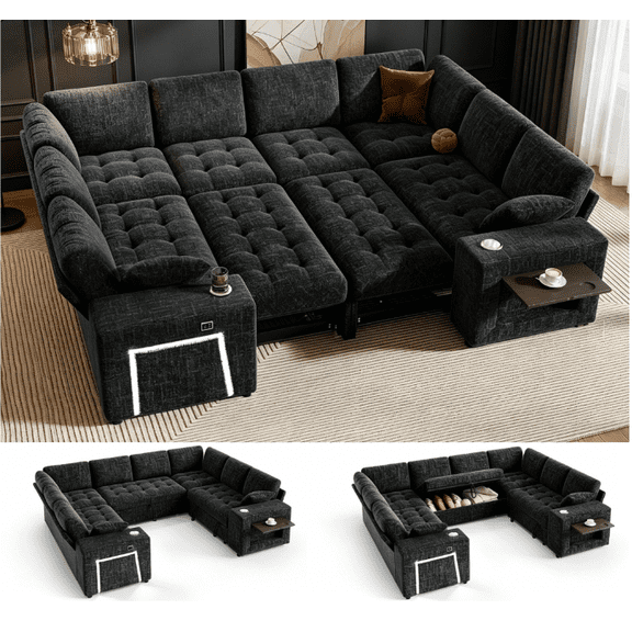 110" Modular Sectional Sleeper Sofa, U-Shaped 8-Seater with Pull-Out Bed, Storage Ottoman, USB & Cup Holders, Side Table, LED Light, Tool-Free Assembly, Gray