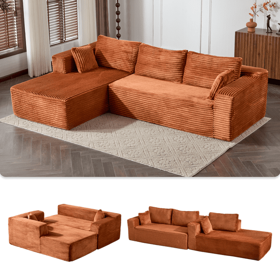 110" Modular Sectional Sofa with Chaise, Boneless L-Shaped Cloud Couch with Deep Seat, Corduroy Compressed Sofa for Living Room, No Assembly Required, Brown