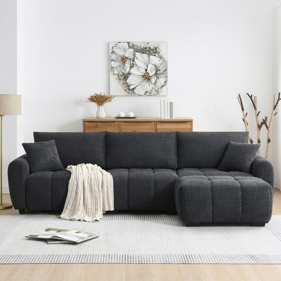 110" Modular Sectional Sofa, L Shape with Extra-Large Seat, Pull-Line Design, Movable Ottoman, High Density Foam, Free Combination, Sturdy Metal&Wood Frame, Boucle Fabric (Black)