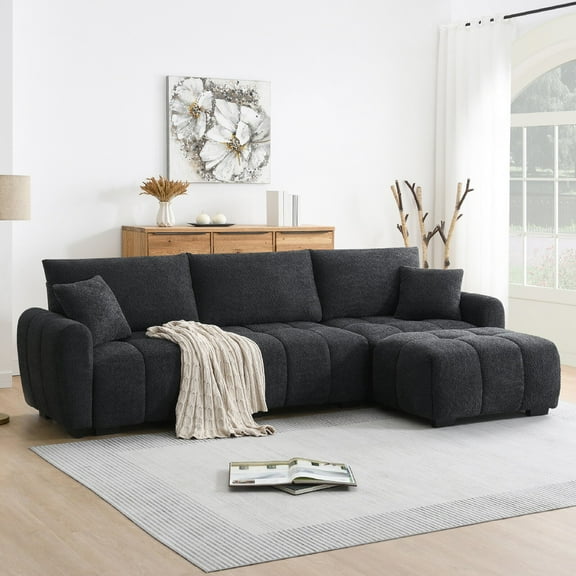 110" Modular Sectional Sofa, L Shape with Extra-large Seat, Pull-line Design, Movable Ottoman, High Density Foam, Free Combination, Sturdy Metal&Wood Frame, Boucle Fabric, Black