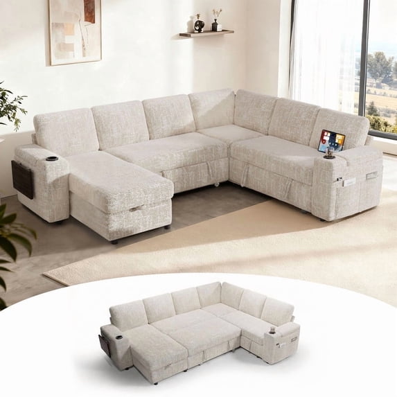 110" Modular Sectional Sofa, L Shaped 7-Seater Sleeper Sofa with Pull Out Bed &Hidden Storage, Cup Holders & USB.