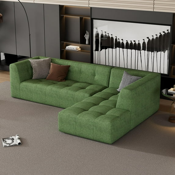 110'' Modular Sectional Sofa Legless Design Couch with Chaise, Chenille Fabric L-Shaped Upholstered Sofa Couches, Modern Free Combination Living Room Sofa Sets, Green