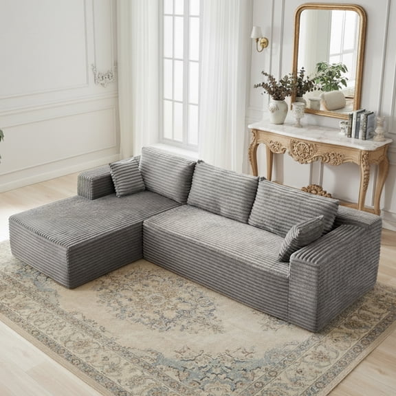 110" Modular Sectional Sofa, Minimalist Boneless Couch, Corduroy L Shape Sofa, for Living Room, Bedroom, Grey