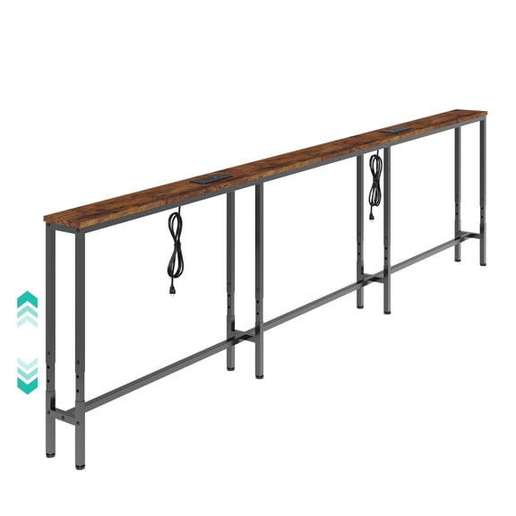 110" Narrow Sofa Table Behind Couch, Adjustable Height, Rustic Brown, Power Outlet, Filling Gap Behind Sofa, Long Skinny Console Table for Living Room, Entry Way