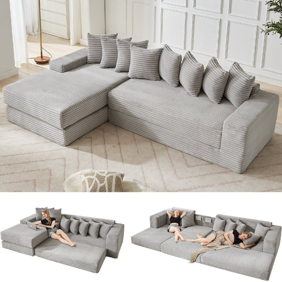 110" Oversize Cloud Sectional Sofa Couch with Side Pocket, 3-in-1 L-Shape Sofa with 8 Pillows, 4-Seaters Corduroy Convertible Floor Sleeper Sofa Bed, No Assembly, Light Grey