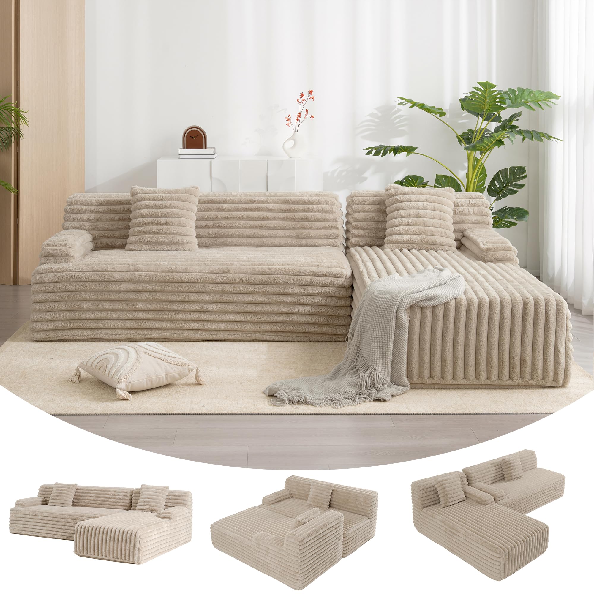 115'' Cloud Boneless Sectional Couch, Modular Sectional Sofa Deep Seat with 2 Ottomans, Oversized Upholstered Convertible Comfy 5 Seater Chenille Sofa U Shape Couches for Living Room, Beige