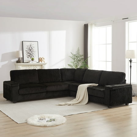 110'' Oversized Corduroy Sectional Couch, L Shaped Corner Couch with Charge Station and Cup-holder, Deep Seat Comfy Upholstered Couches for Living Room, Not freely Combinable, Black