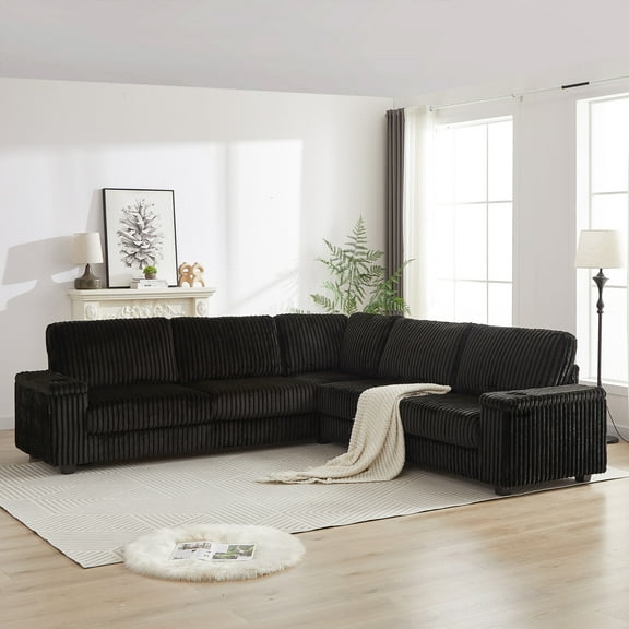 110'' Oversized Corduroy Sectional Couch, L Shaped Corner Couch with Charge Station and Cup-holder, Deep Seat Comfy Upholstered Couches for Living Room, Not freely Combinable, Black