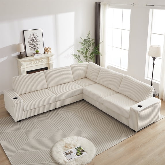 110" Oversized Sectional Couch, L-Shaped 5-Seater Modular Sofa With Two Storage Spaces, Charging Ports and Cup-Holders, Comfy Corduroy Upholstered Couches for Living Room