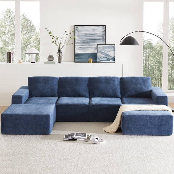 110”Oversized Sectional Sofa with Removable Ottomans, Cream 6 Seat U Shaped Sleeper Cloud Couch Set, Living Room Reversible Upholstered Sofabed for Apartment, No Assembly Required, Blue